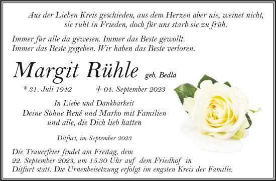 Traueranzeige von Margit Rühle von Trauerkombi Quedlinburg
