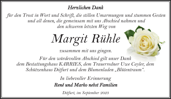 Traueranzeige von Margit Rühle von Trauerkombi Quedlinburg