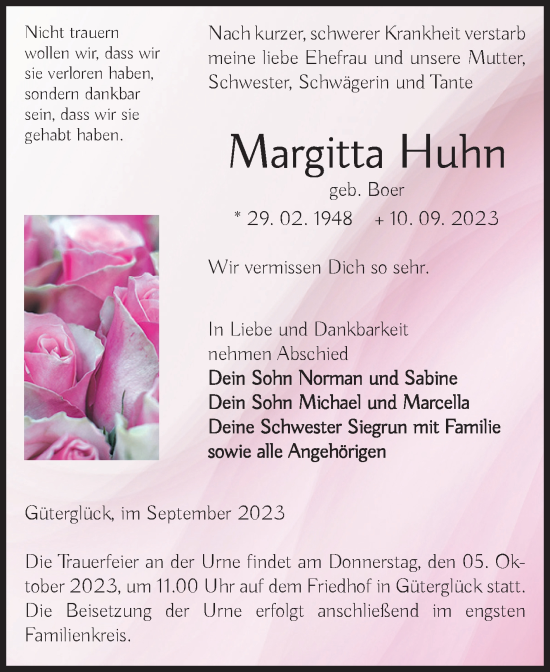 Traueranzeige von Margitta Huhn von Volksstimme Zerbst