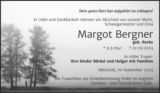 Traueranzeige von Margot Bergner von Trauerkombi Mansfelder Land
