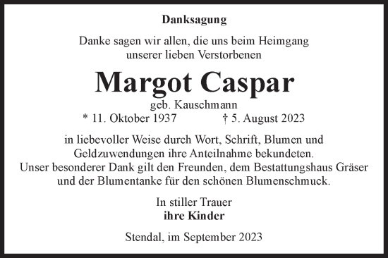 Traueranzeige von Margot Caspar von Volksstimme Altmark Ost