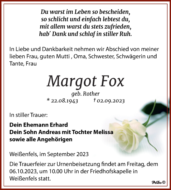 Traueranzeige von Margot Fox von Trauerkombi Weißenfels