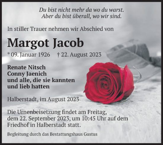 Traueranzeige von Margot Jacob von Volksstimme Halberstadt