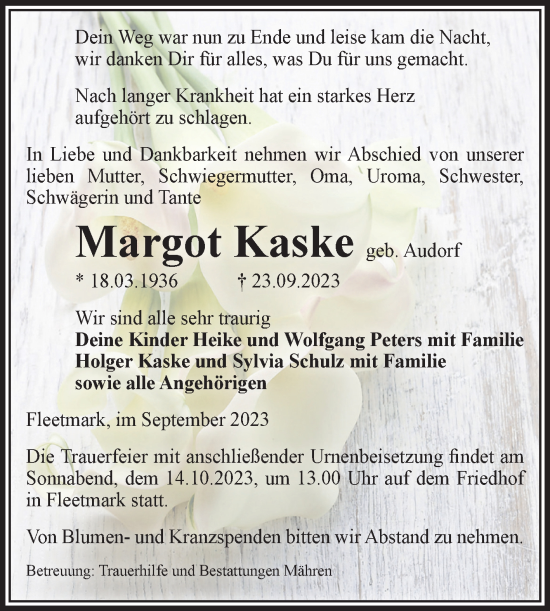 Traueranzeige von Margot Kaske von Volksstimme Altmark West