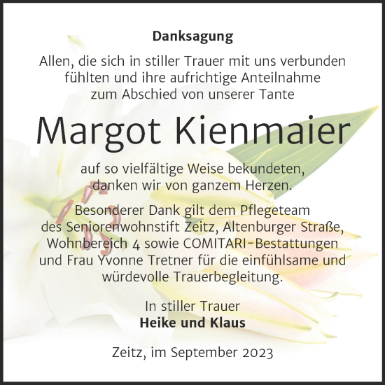 Traueranzeige von Margot Kienmaier von Trauerkombi Zeitz