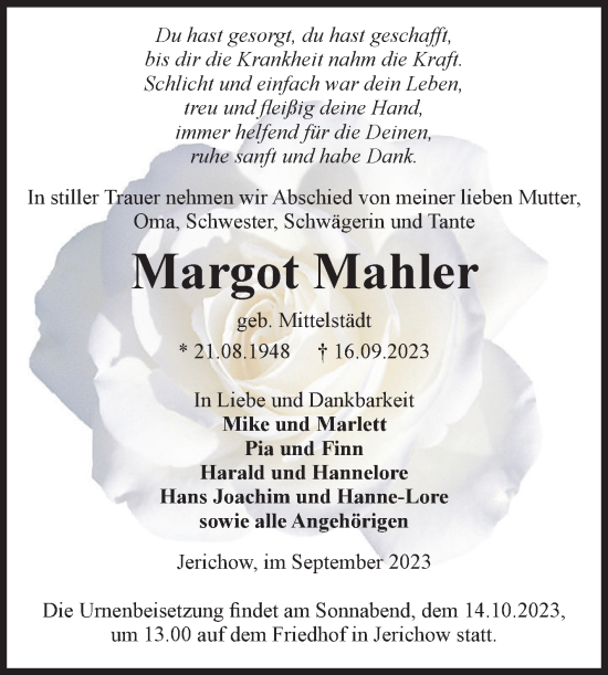 Traueranzeige von Margot Mahler von Volksstimme Burg/Genthin
