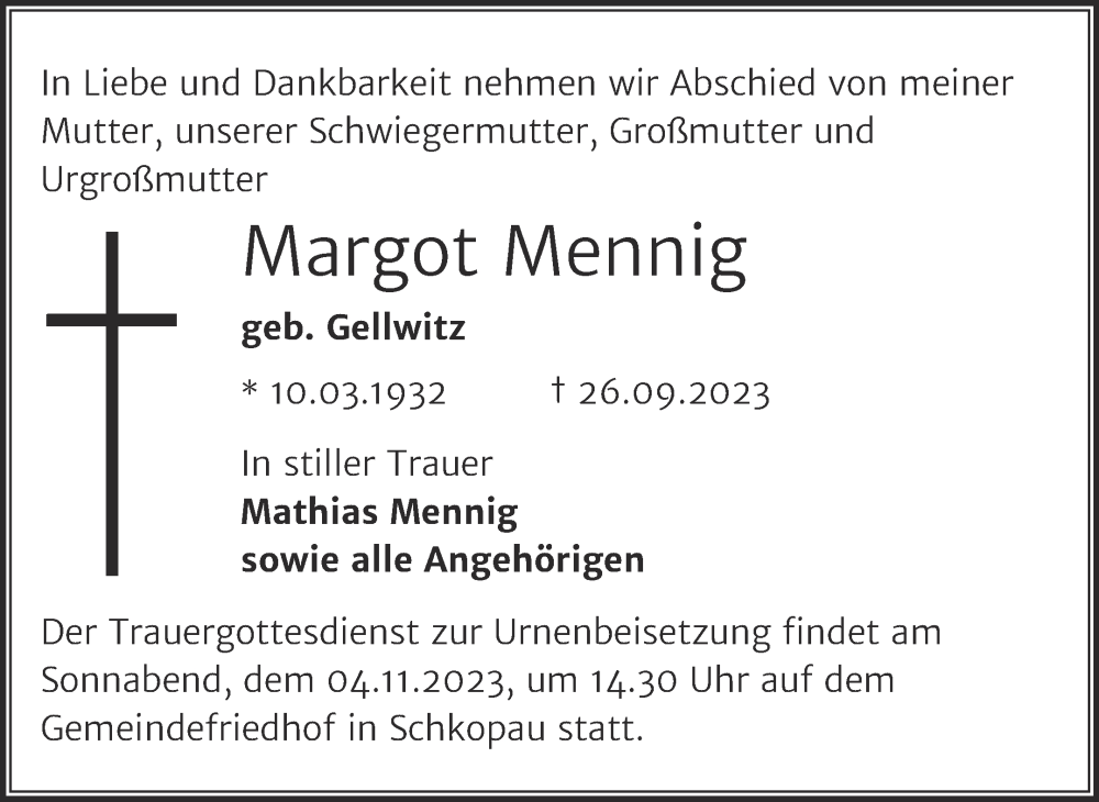  Traueranzeige für Margot Mennig vom 30.09.2023 aus Trauerkombi Merseburg