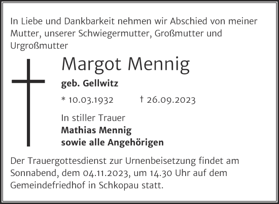 Traueranzeige von Margot Mennig von Trauerkombi Merseburg