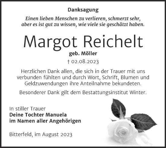 Traueranzeige von Margot Reichelt von Trauerkombi Bitterfeld