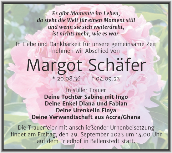 Traueranzeige von Margot Schäfer von Trauerkombi Quedlinburg
