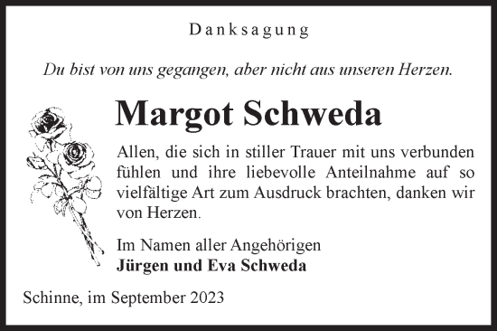 Traueranzeige von Margot Schweda von Volksstimme Altmark Ost