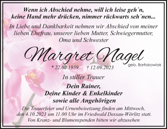 Traueranzeige von Margret Nagel von Trauerkombi Dessau