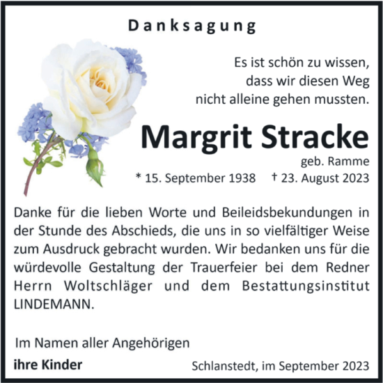 Traueranzeige von Margrit Stracke von Volksstimme Halberstadt