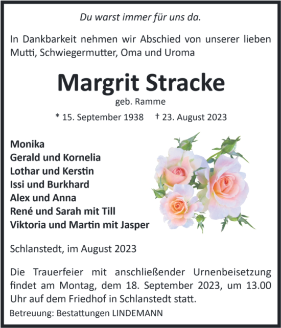 Traueranzeige von Margrit Stracke von Volksstimme Halberstadt