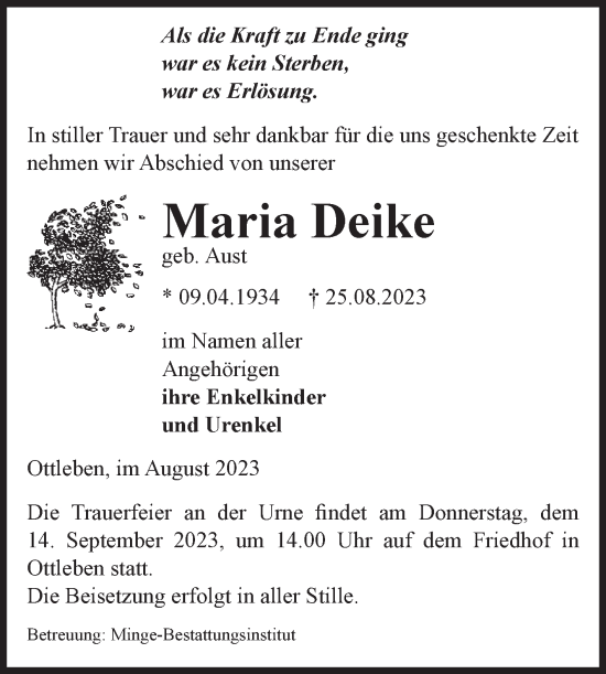 Traueranzeige von Maria Deike von Volksstimme Oschersleben/Wanzleben