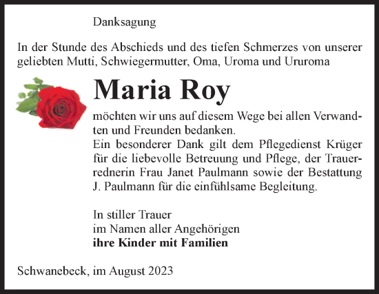 Traueranzeige von Maria Roy von Volksstimme Halberstadt