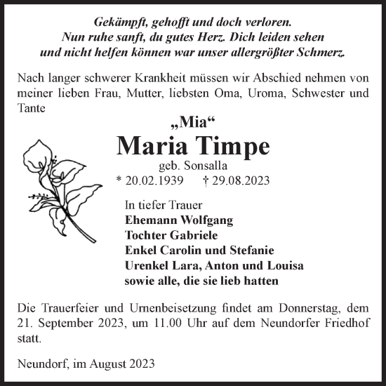 Traueranzeige von Maria Timpe von Volksstimme Staßfurt