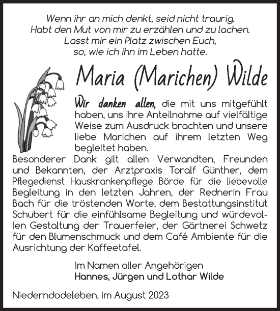 Traueranzeige von Maria Wilde von Volksstimme Haldensleben/Wolmirstedt