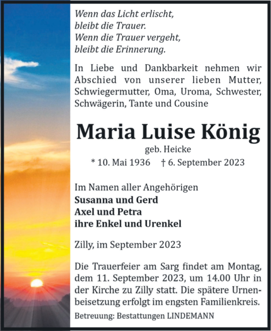 Traueranzeige von Maria Luise König von Volksstimme Halberstadt