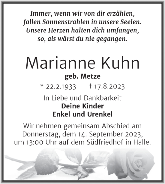 Traueranzeige von Marianne Kuhn von Mitteldeutsche Zeitung Halle/Saalkreis