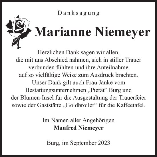 Traueranzeige von Marianne Niemeyer von Volksstimme Burg/Genthin