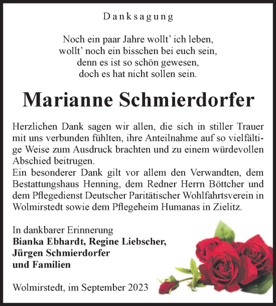 Traueranzeige von Marianne Schmierdorfer von Volksstimme Haldensleben/Wolmirstedt