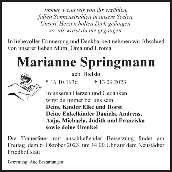 Traueranzeige von Marianne Springmann von Volksstimme Magdeburg