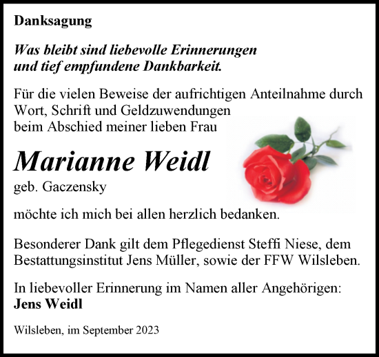Traueranzeige von Marianne Weidl von Trauerkombi Aschersleben