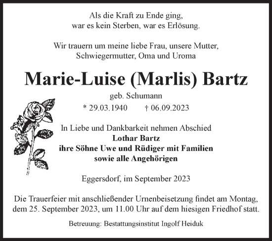 Traueranzeige von Marie-Luise Bartz von Volksstimme Schönebeck