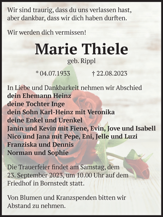 Traueranzeige von Marie Thiele von Volksstimme Haldensleben/Wolmirstedt