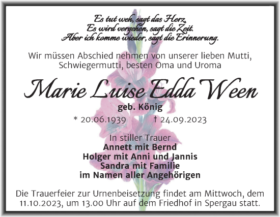 Traueranzeige von Marie Luise Edda Ween von Trauerkombi Merseburg