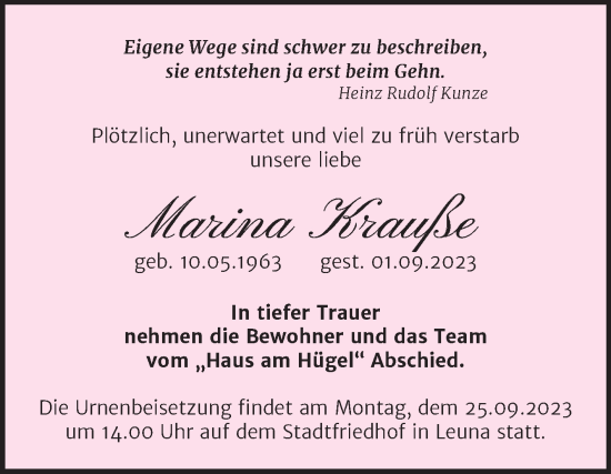 Traueranzeige von Marina Krauße von Trauerkombi Merseburg