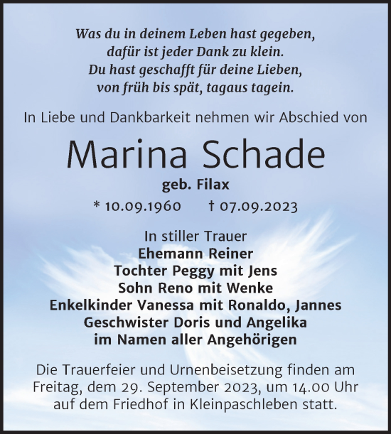 Traueranzeige von Marina Schade von Trauerkombi Köthen
