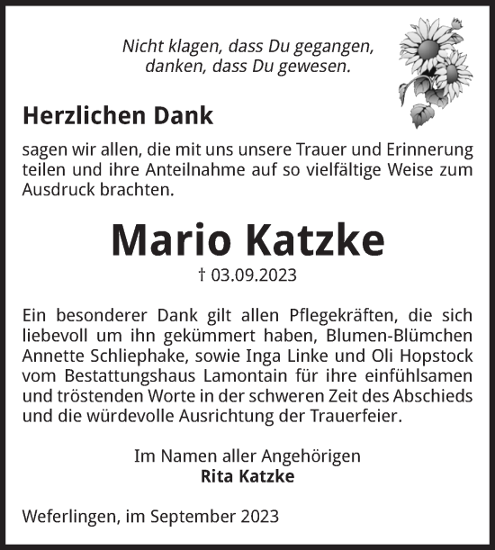 Traueranzeige von Mario Katzke von Volksstimme Haldensleben/Wolmirstedt