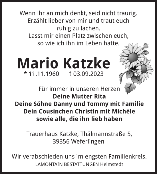 Traueranzeige von Mario Katzke von Volksstimme Haldensleben/Wolmirstedt