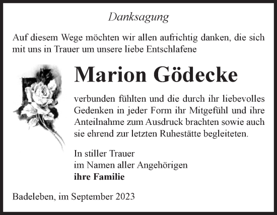 Traueranzeige von Marion Gödecke von Volksstimme Oschersleben/Wanzleben