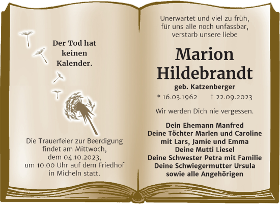 Traueranzeige von Marion Hildebrandt von Trauerkombi Köthen