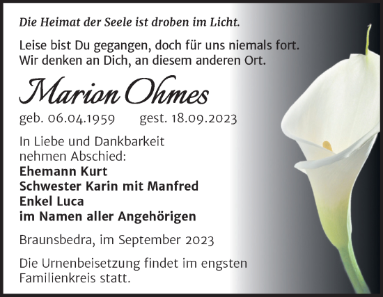Traueranzeige von Marion Ohmes von Trauerkombi Merseburg