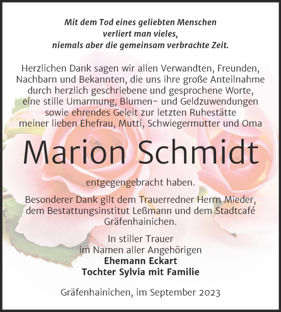 Traueranzeige von Marion Schmidt von Trauerkombi Wittenberg