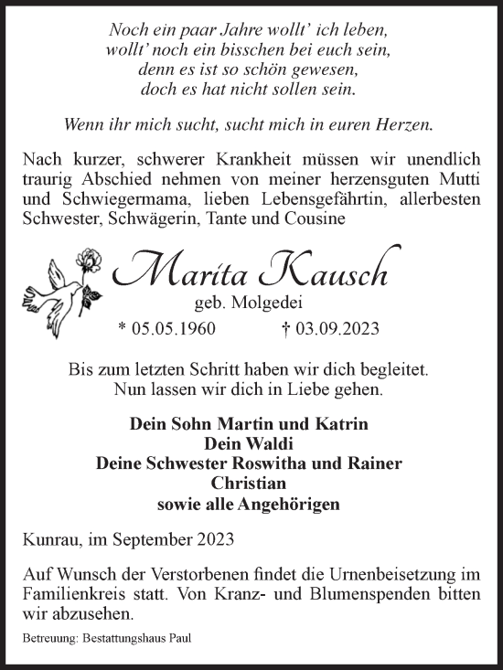 Traueranzeige von Marita Kausch von Volksstimme Altmark West