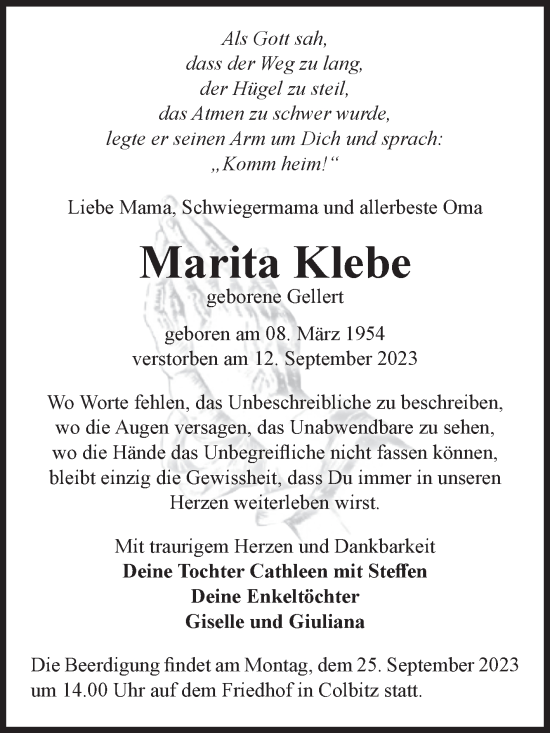 Traueranzeige von Marita Klebe von Volksstimme Haldensleben/Wolmirstedt