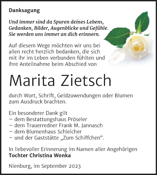 Traueranzeige von Marita Zietsch von Trauerkombi Bernburg