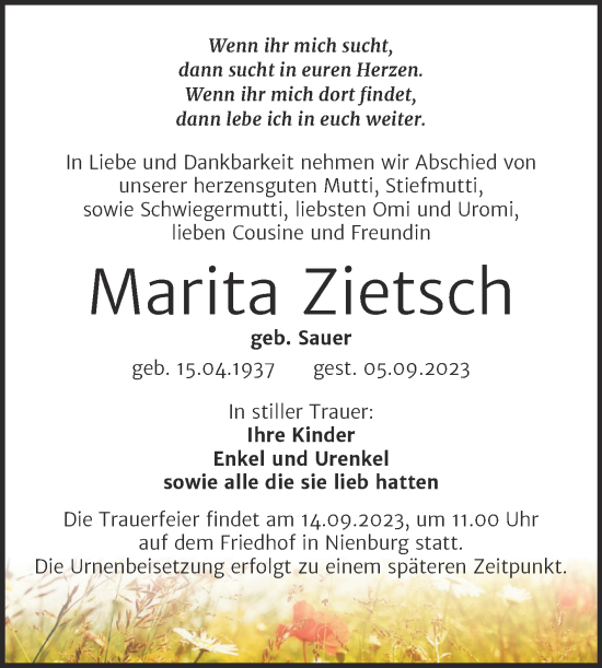 Traueranzeige von Marita Zietsch von Trauerkombi Bernburg