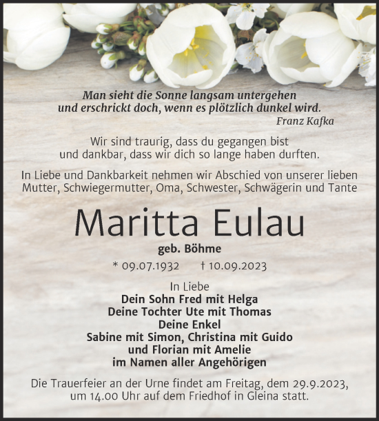 Traueranzeige von Maritta Eulau von Wochenspiegel Naumburg/Nebra