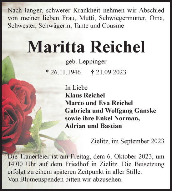 Traueranzeige von Maritta Reichel von Volksstimme Haldensleben/Wolmirstedt
