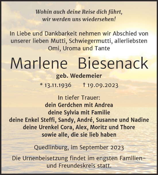 Traueranzeige von Marlene Biesenack von Trauerkombi Quedlinburg