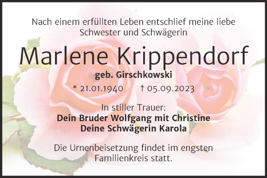 Traueranzeige von Marlene Krippendorf von Trauerkombi Weißenfels