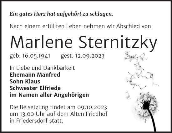 Traueranzeige von Marlene Sternitzky von Trauerkombi Bitterfeld
