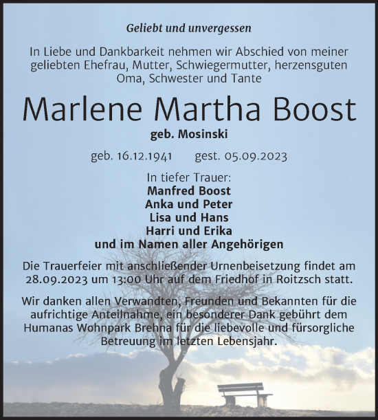 Traueranzeige von Marlene Martha Boost von Trauerkombi Bitterfeld