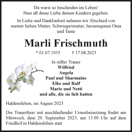 Traueranzeige von Marli Frischmuth von Volksstimme Haldensleben/Wolmirstedt